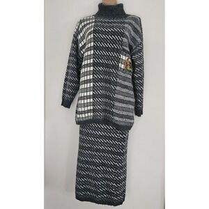 Vtg 80s Kitty Hawk Sweater Skirt Set Black White Checks Striped Size M